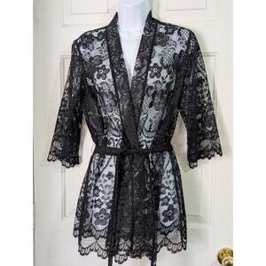 VTG Lace Duster Robe Cover Up Womens Large Black Tie Belt Lightweight Sexy Sheer